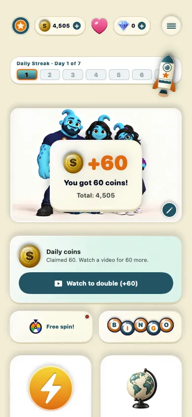 Rewards screen: +60 coins, daily coins, free spin and bingo